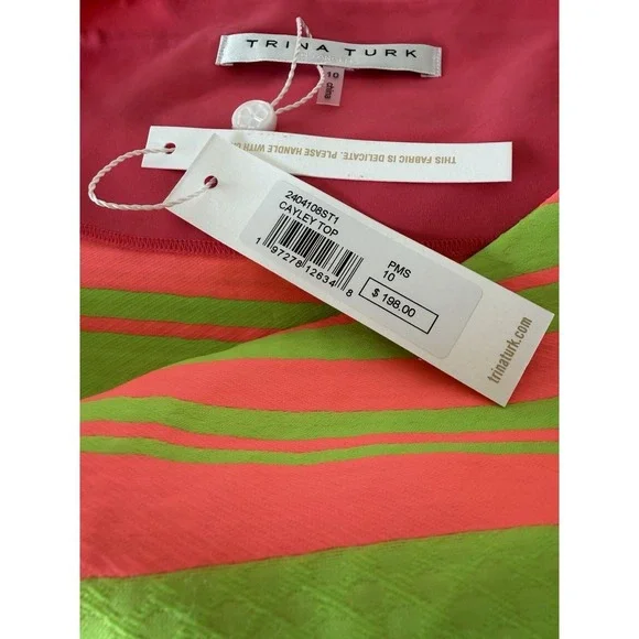 Trina Turk Cayley Pink & Chartreuse Striped Bow Top NWT Size 10 - Picture 5 of 5
